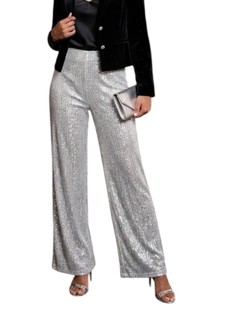 Wild Fable Silver Sequin Wide-Leg Elastic Waist Pants-Large